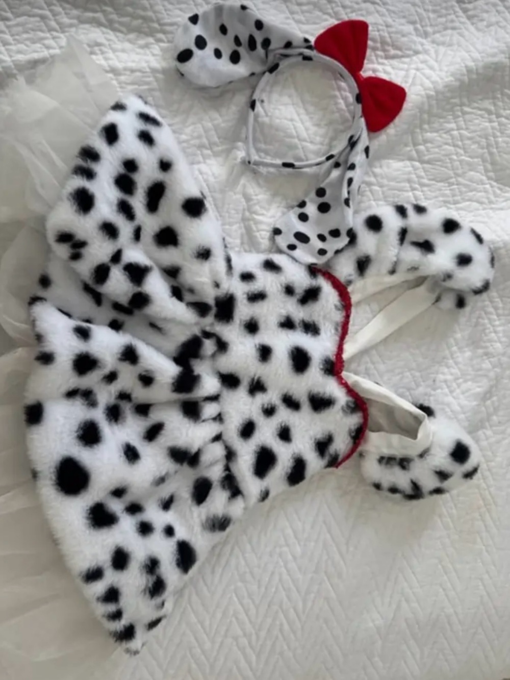 Dalmatian Spot Faux Fur Costume Dress with Red Bow Headband